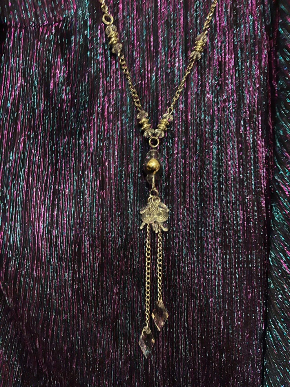 R&M Richards Iridescent Purple & Teal Evening Top with Pants & Necklace Size 14 - Picture 4 of 7